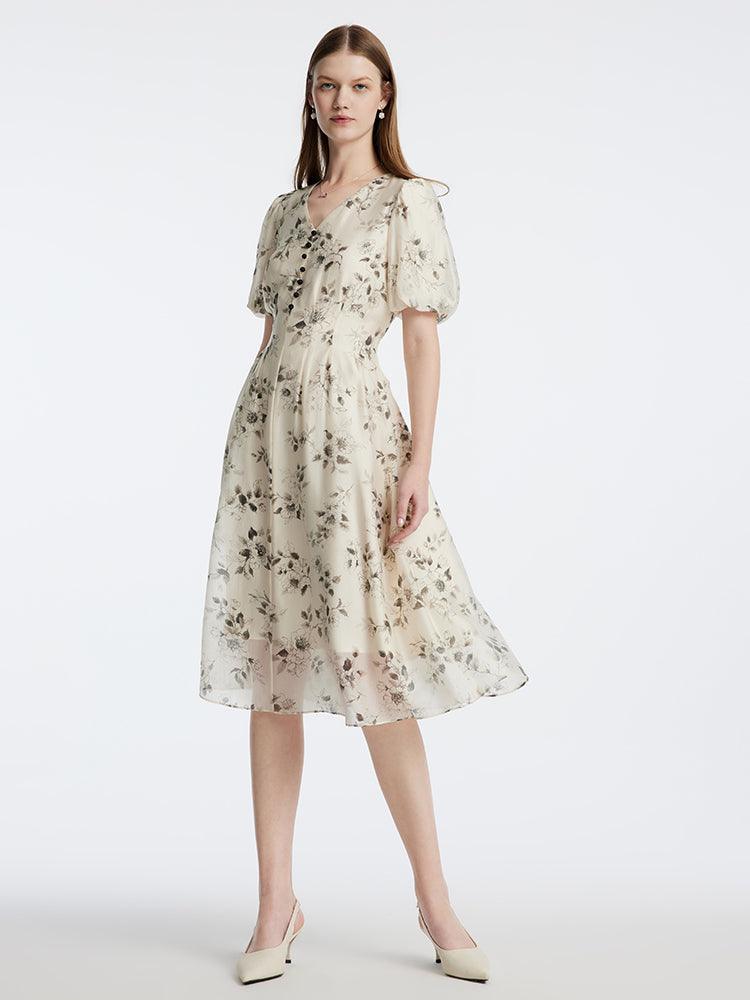 Floral Ink Painting V-Neck Waist-Skimming Dress GOELIA