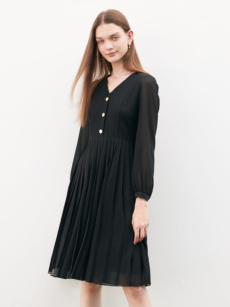 Knitted Patchwork  Pleated V-neck Dress GOELIA