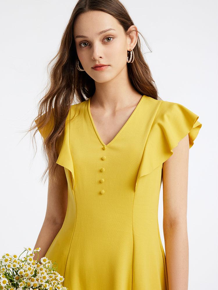 Yellow V-Neck Ruffle Sleeve Mini Dress GOELIA