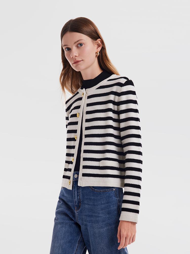 Button Up Woolen Striped Cardigan GOELIA