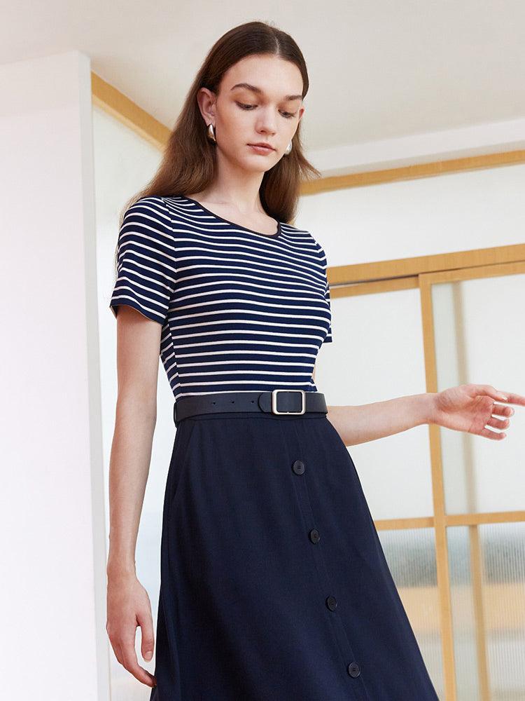 Stripe Patchwork Dress With Belt GOELIA