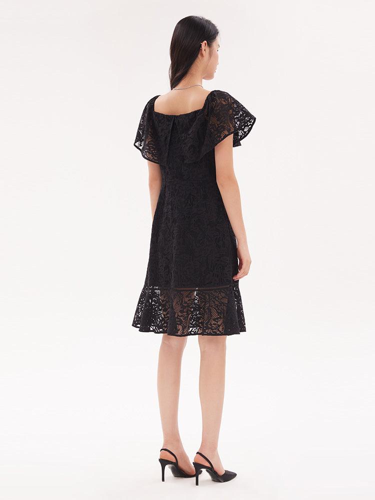 Black Square Neck Lace Slim Dress GOELIA