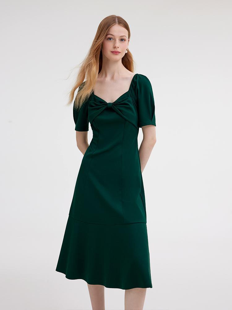 Dark Green Dress With Bow GOELIA