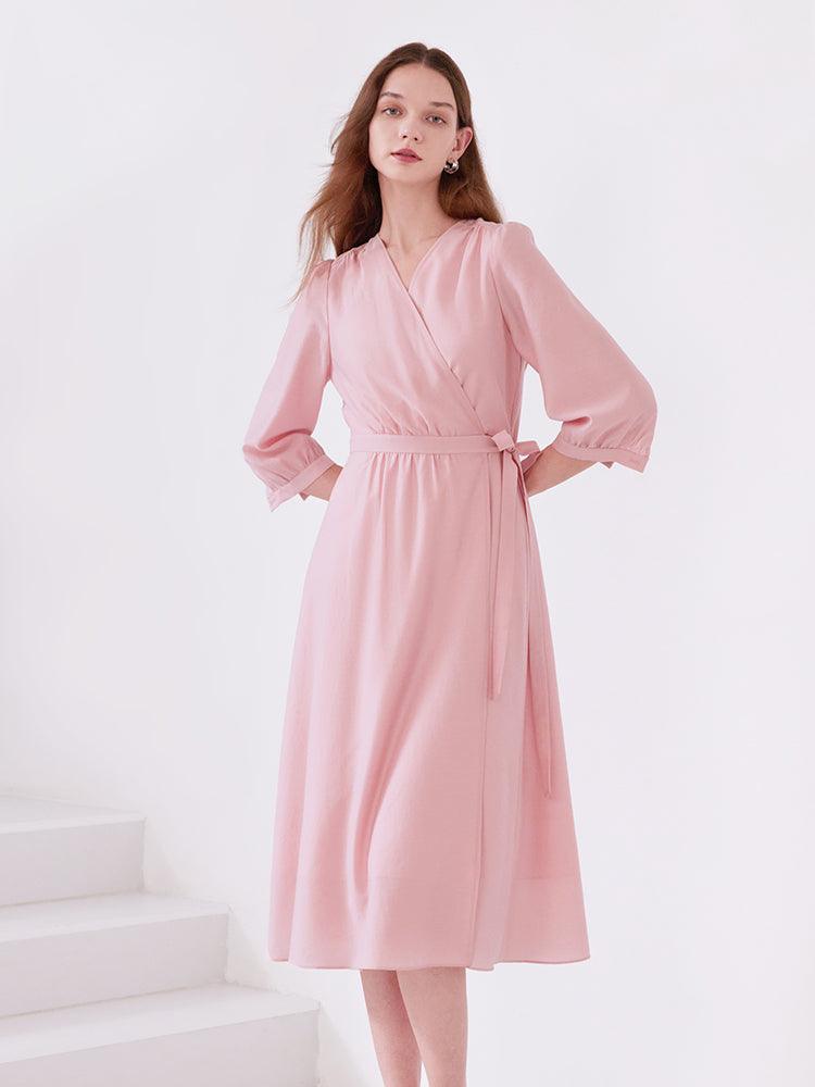 Pink V-neck Flowy Wrap Dress GOELIA