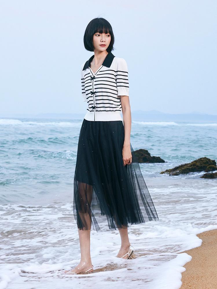 Two-Piece Set Knitted Cardigan And Tulle Skirt GOELIA