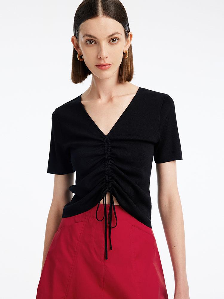 Black Pleated V-Neck Knit Top GOELIA