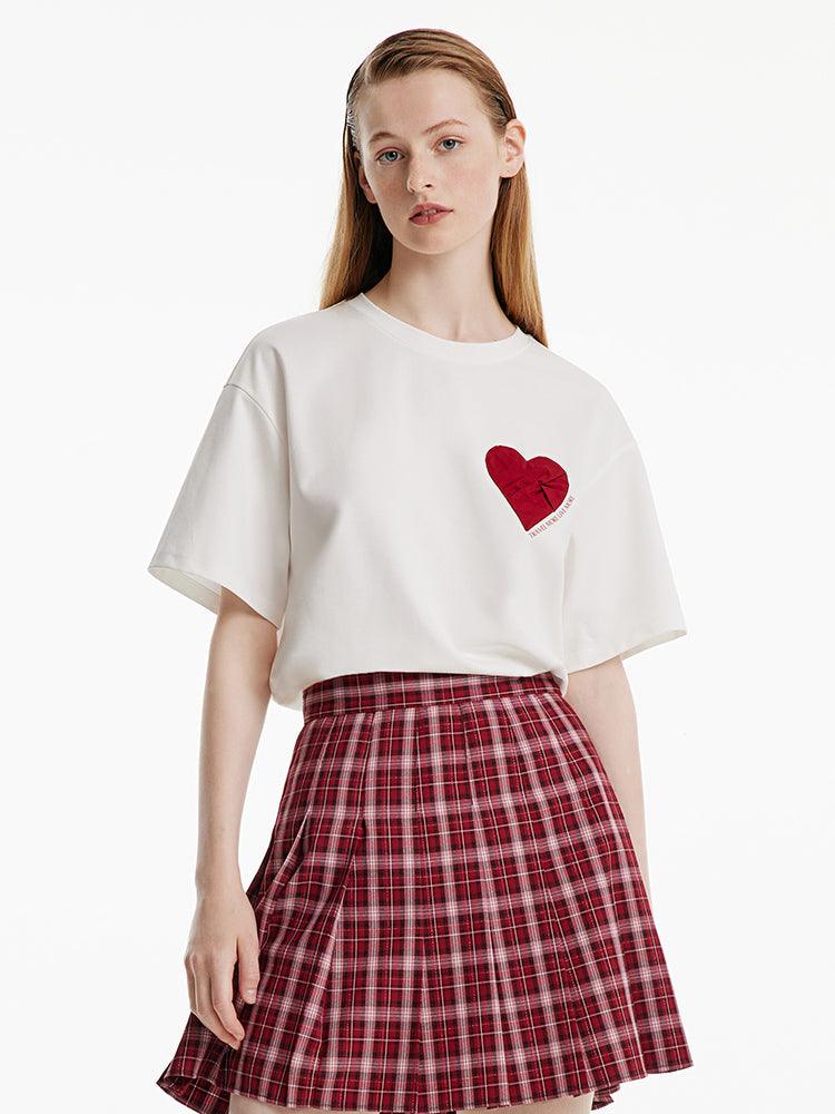 White Basic Heart Print T-Shirt GOELIA