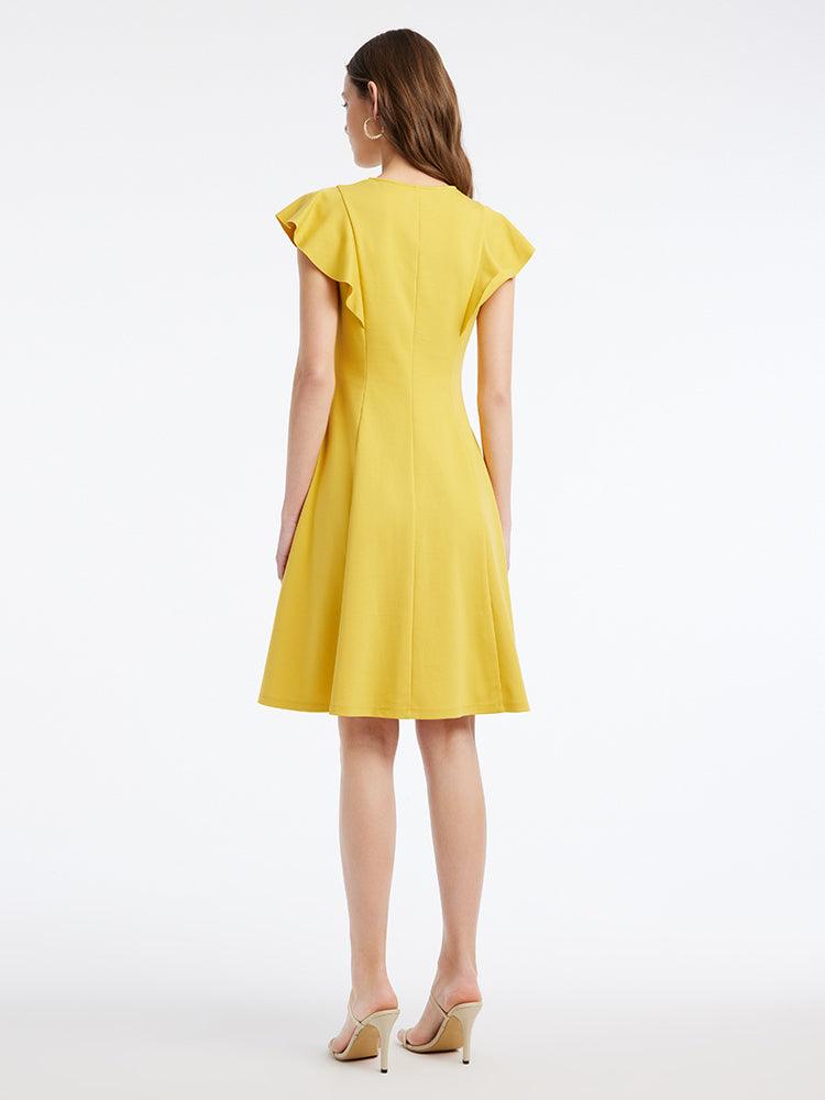 Yellow V-Neck Ruffle Sleeve Mini Dress GOELIA