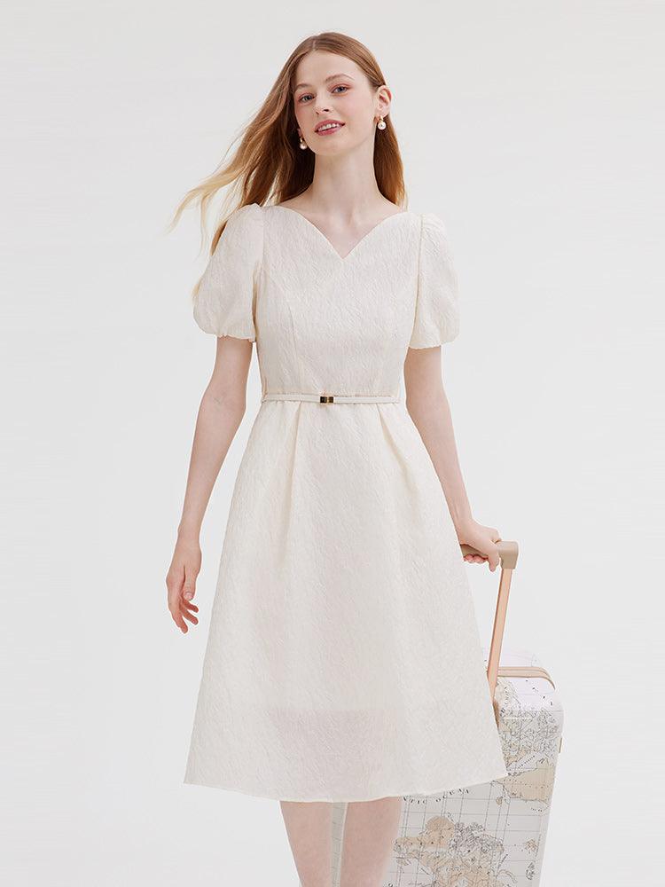 V-Neck Jacquard Dress With Belt