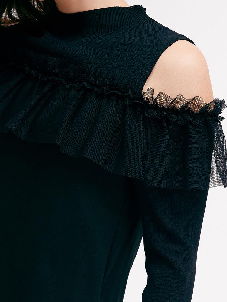 Black Cold Shoulder Ruffle Dress GOELIA