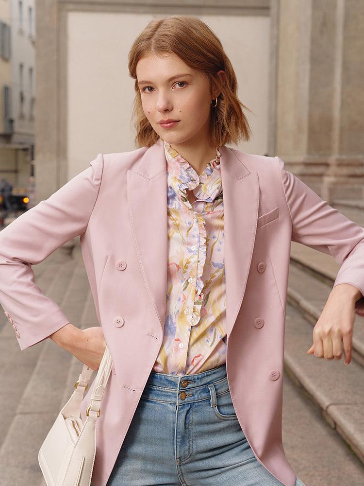 Pink Double-Breasted Worsted Woolen Blazer GOELIA