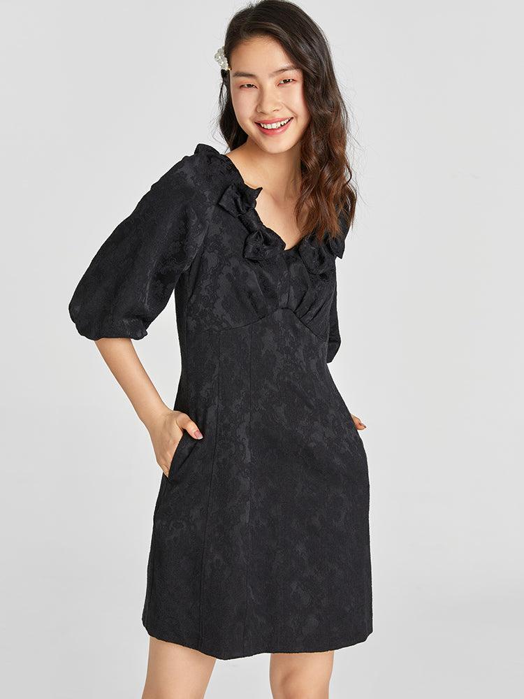 Black Jacquard V-neck Bow Dress GOELIA