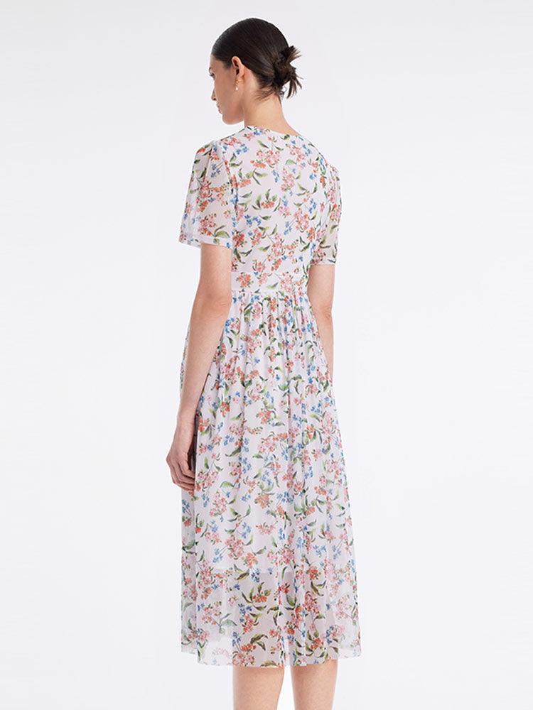 Floral Printed V-Neck Mid-Calf Dress GOELIA