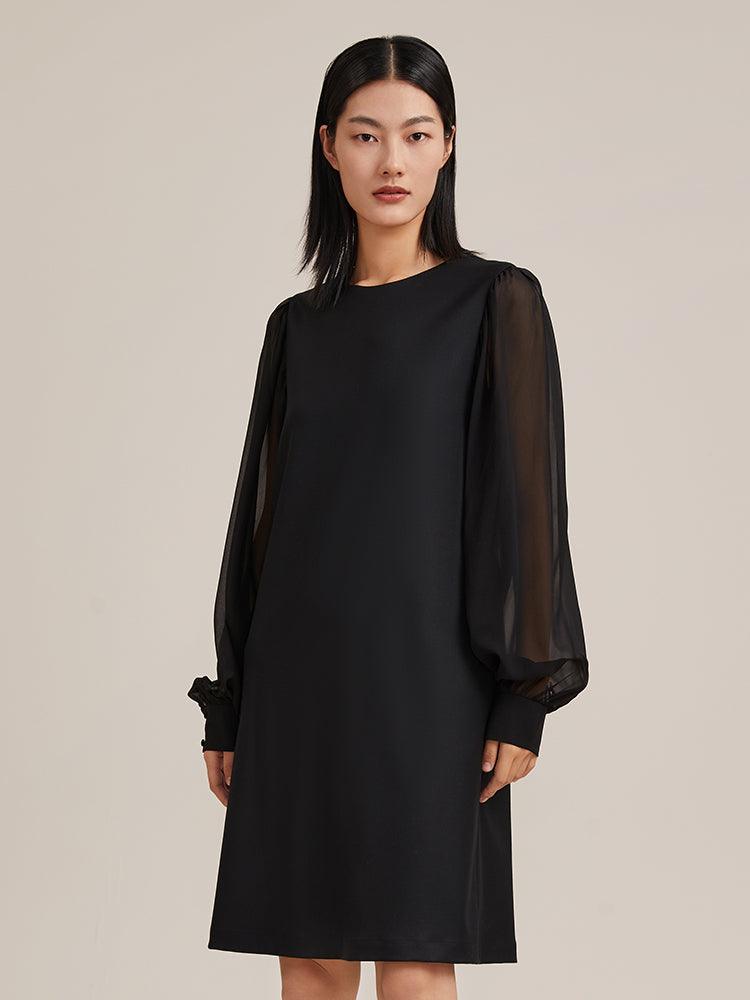 Black See-Through Sleeve Worsted Wool Dress GOELIA