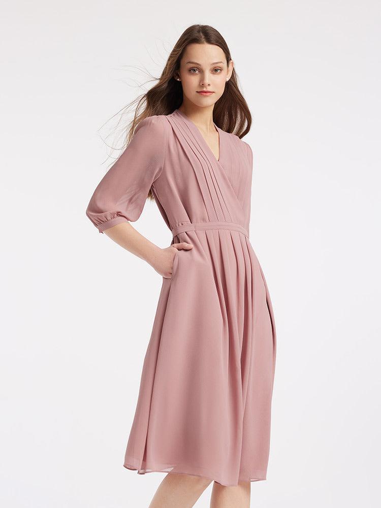 V-Neck Pleated Lace Up Wrap Dress GOELIA