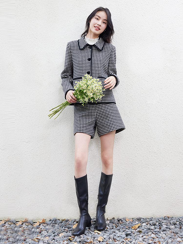 Black&white Woolen Houndstooth Crop Coat GOELIA