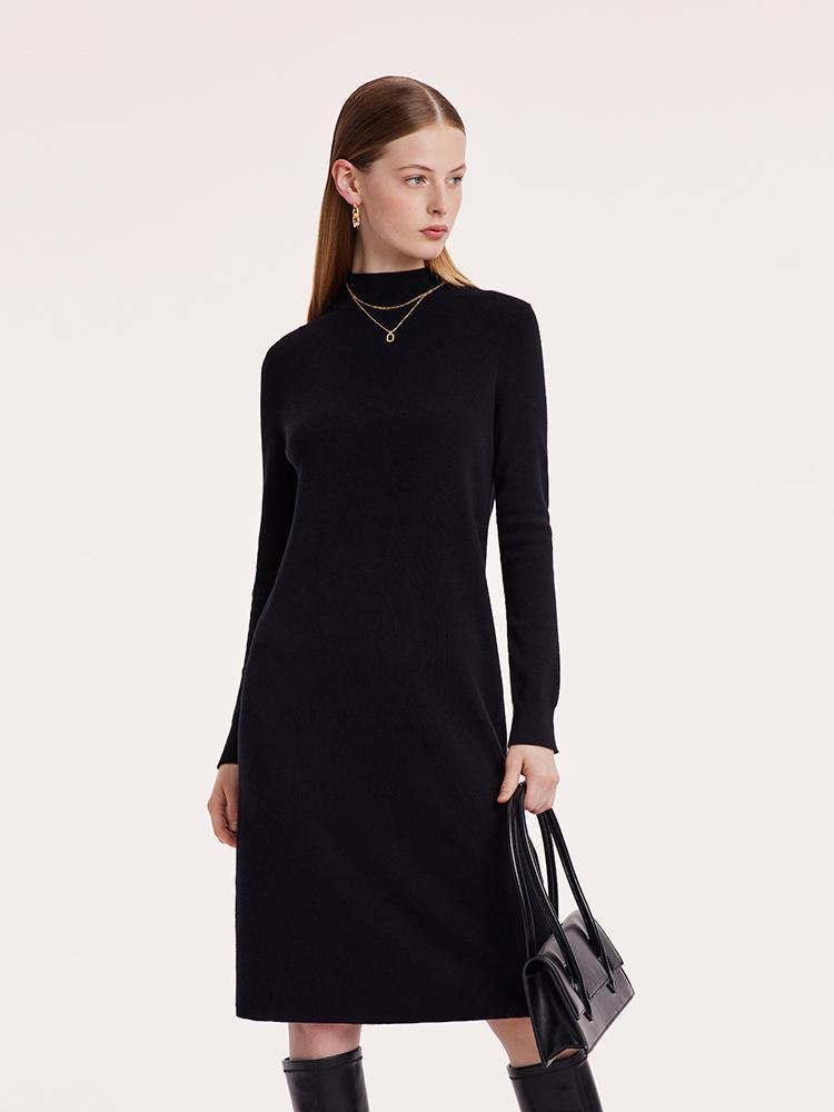 Black Pure Wool Mock Neck Knit Dress GOELIA