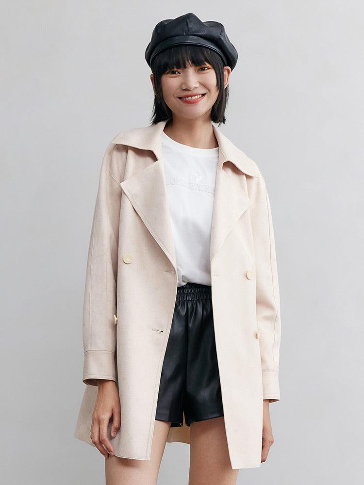 Pink Beige Pattern Print Trench Coat GOELIA