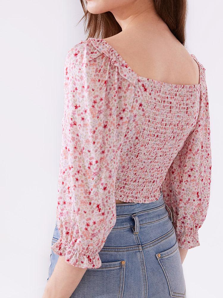 Pink Floral Puff Sleeve Top GOELIA