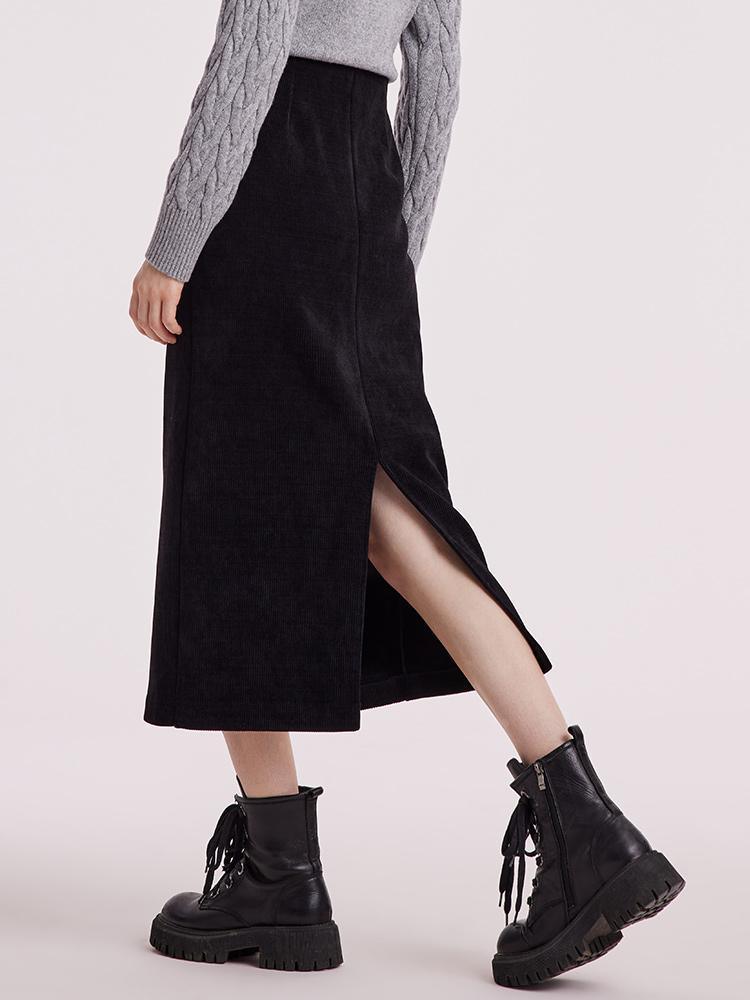 Black Straight Knitted Slit Skirt GOELIA