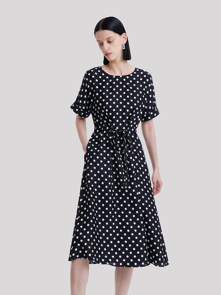 Round Neck Polka Dot Jacquard Silk Dress GOELIA