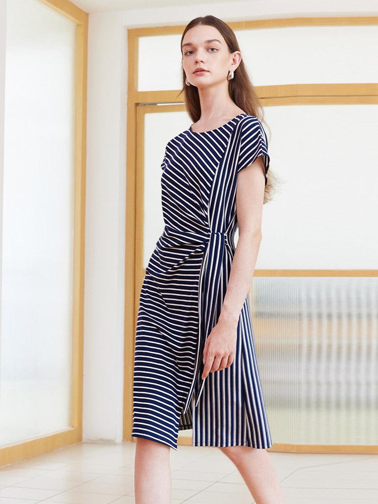 Navy Blue Stripe Wrap Dress GOELIA