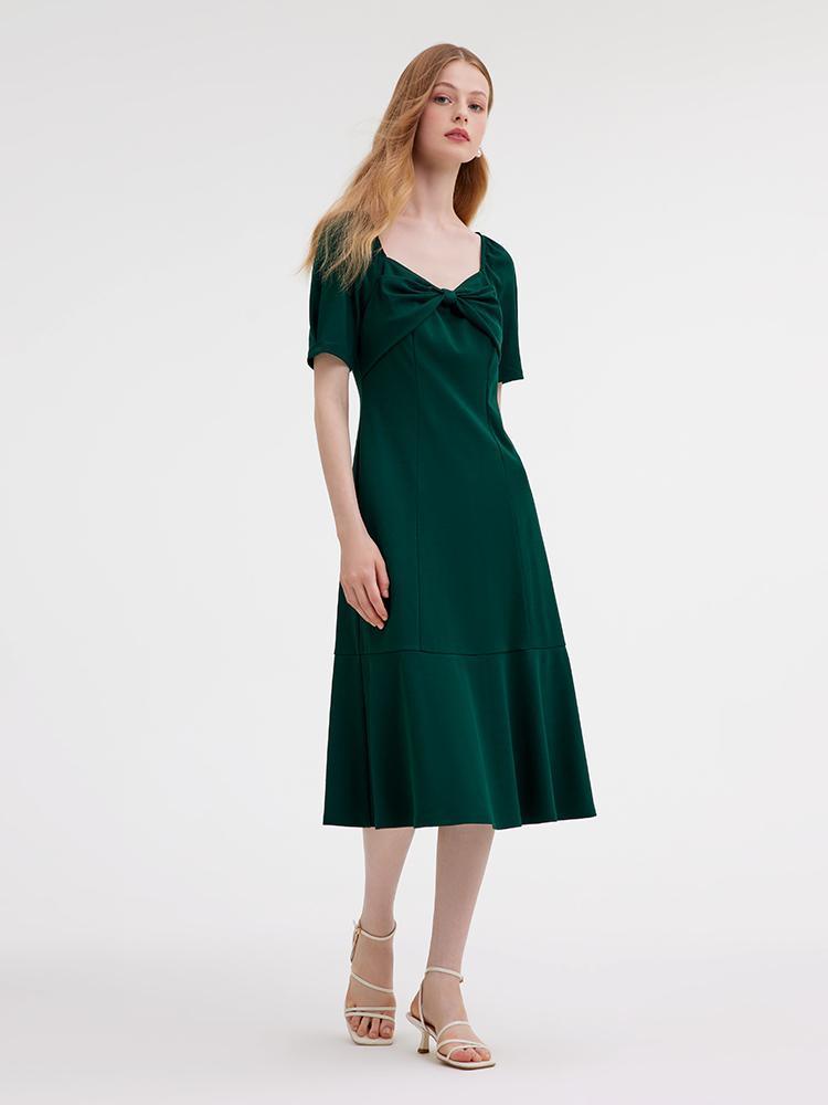 Dark Green Dress With Bow GOELIA