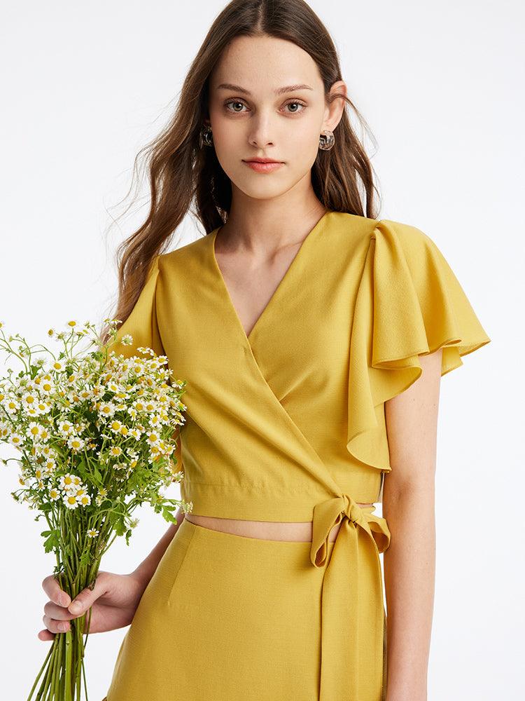 Yellow Ruffle Sleeve Two-Piece Suit GOELIA