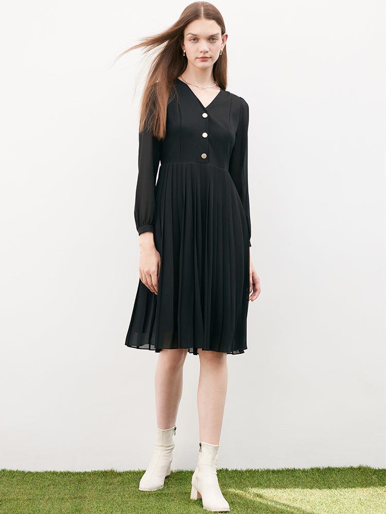 Knitted Patchwork  Pleated V-neck Dress GOELIA