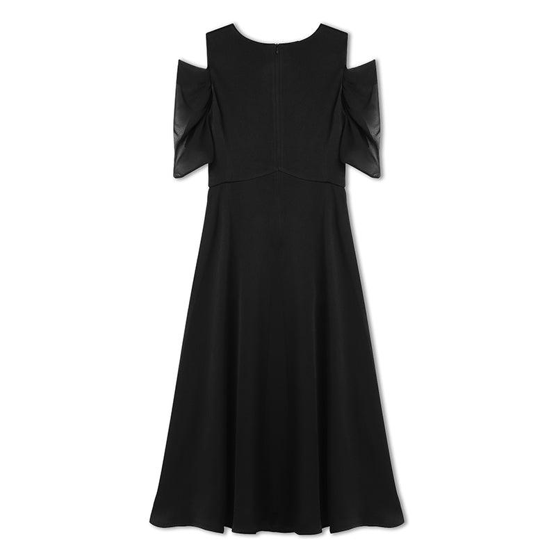 Black Triacetate Gathered Waist V-Neck Dress GOELIA