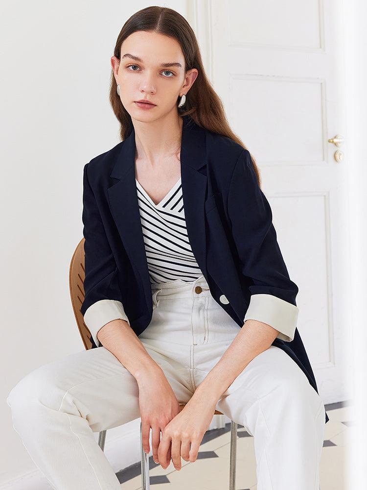 Navy Blue Color Block Blazer GOELIA