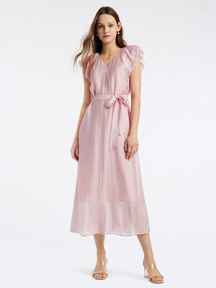 Pink V-Neck Ruffle Sleeve Mid-Calf Dress GOELIA