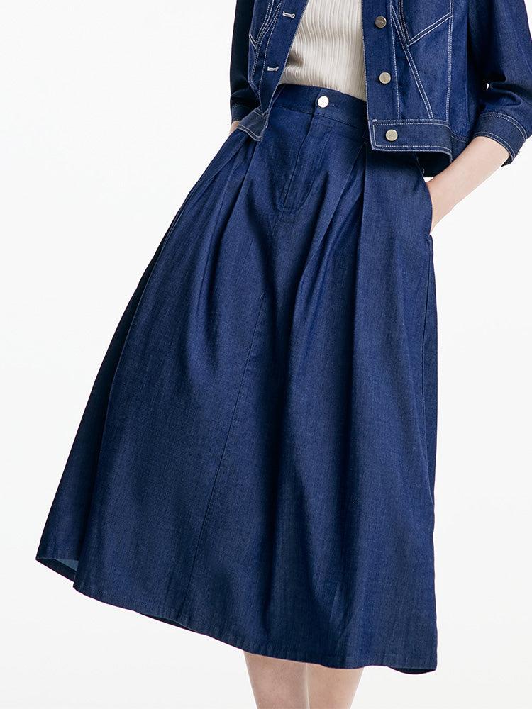 Blue Rubber Waist Denim Skirt GOELIA