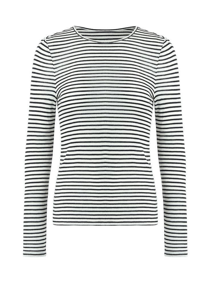 Washable Wool Striped Round Neck Sheath Sweater GOELIA