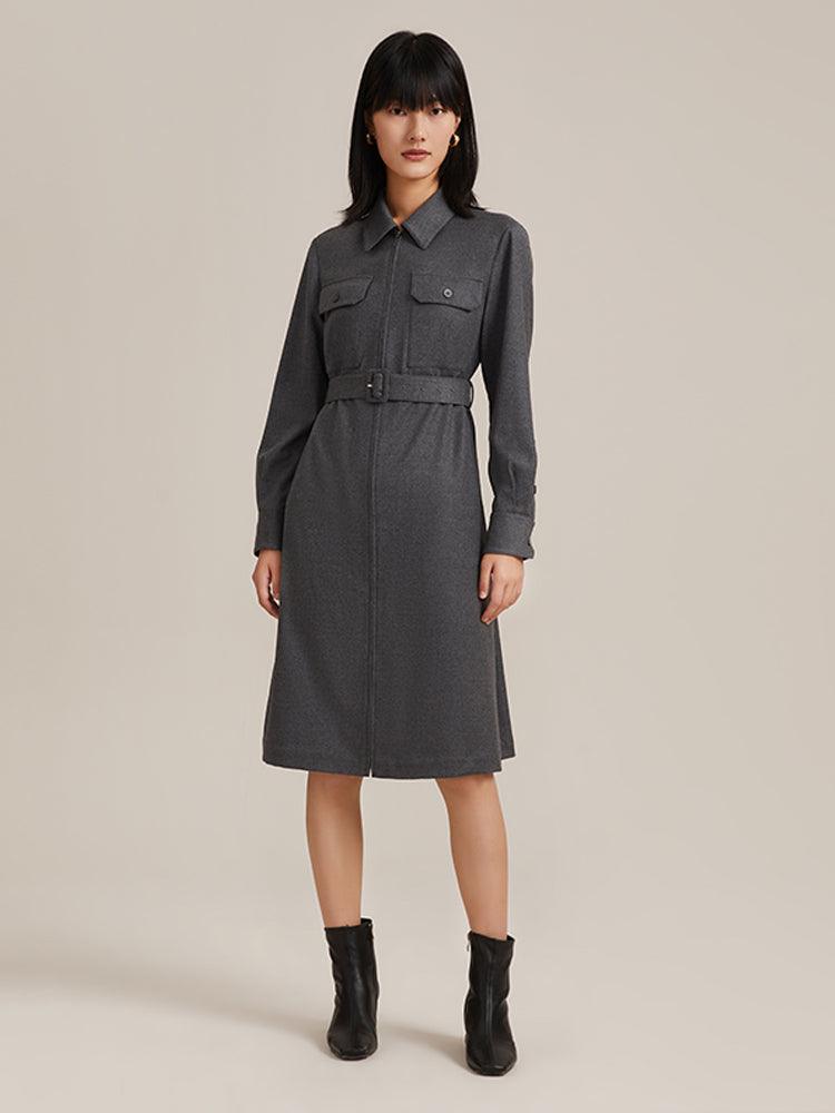 Grey Cashmere Shirt Dress With Belt GOELIA