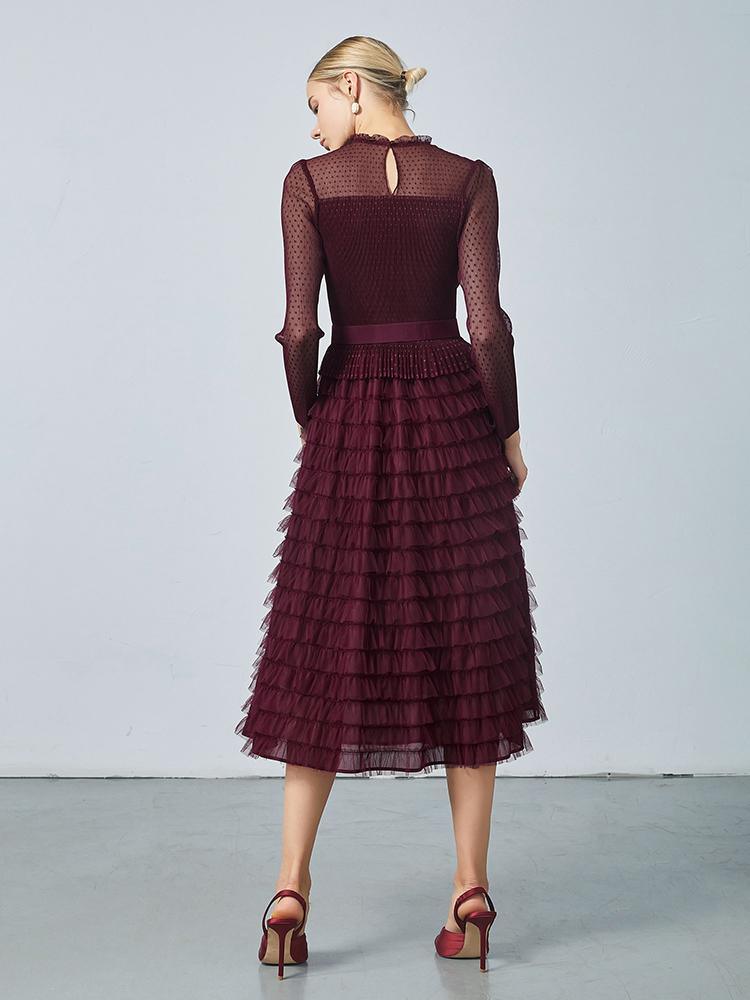 Pleated Tiered Sheer Sleeve Cake Midi Dress GOELIA