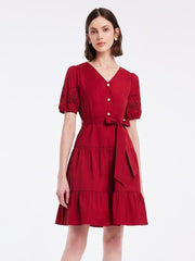 Chili Red Embroidered V-Neck Waist-Skimming Dress GOELIA