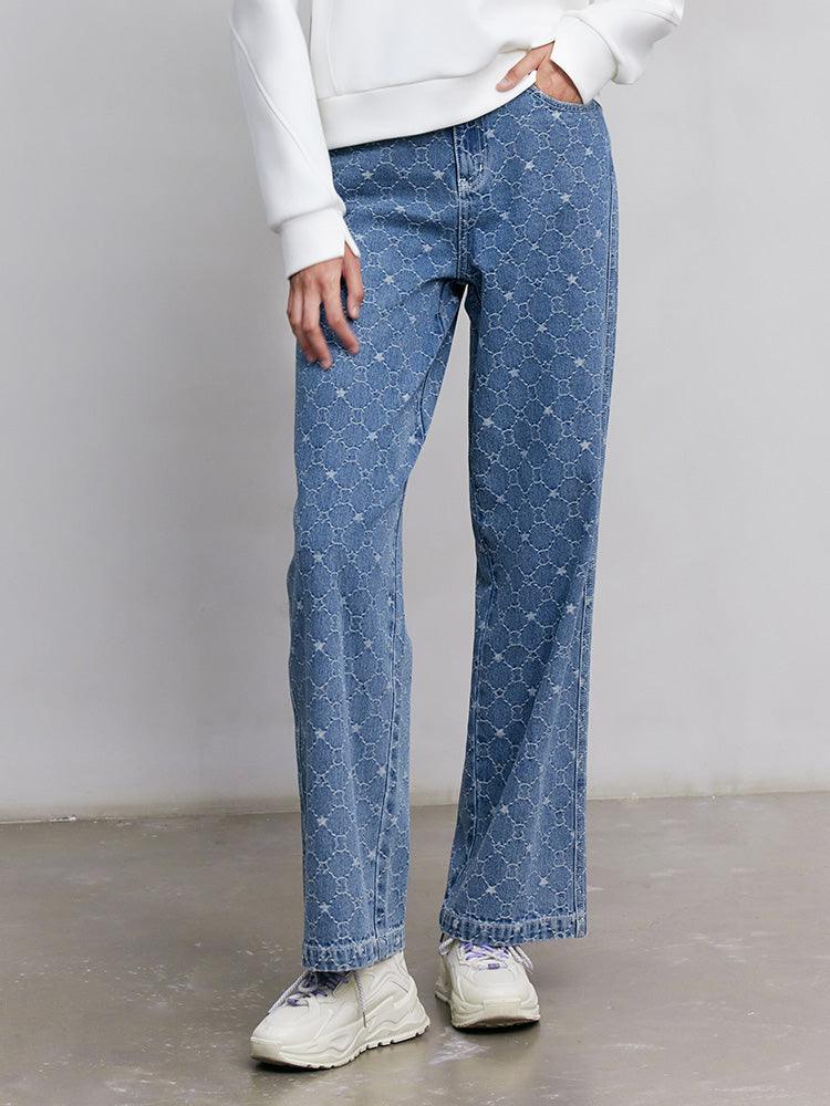 Blue Jacquard Denim Straight Leg Pants GOELIA