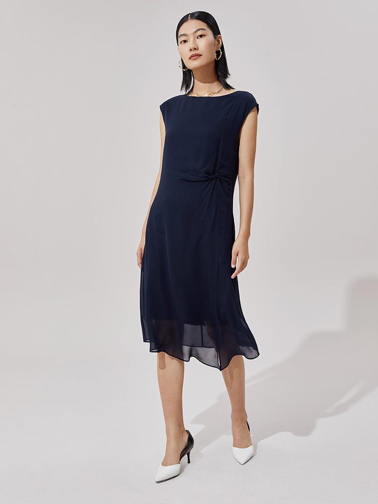 Dark Blue Silk Boat Neck Dress GOELIA