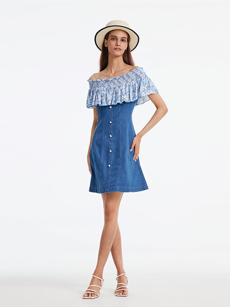 Denim Dress With Patchwork Floral GOELIA