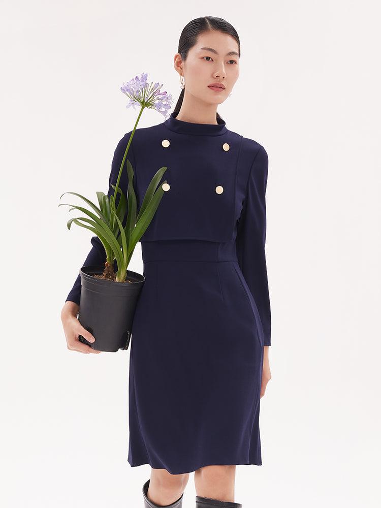 Triacetate Stand Collar Fitted-Waist Dress GOELIA