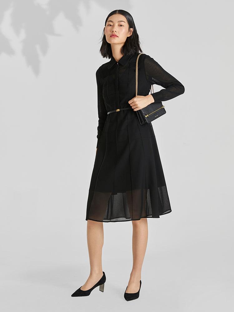 Black Triacetate Mesh Long Sleeve Dress With Belt GOELIA