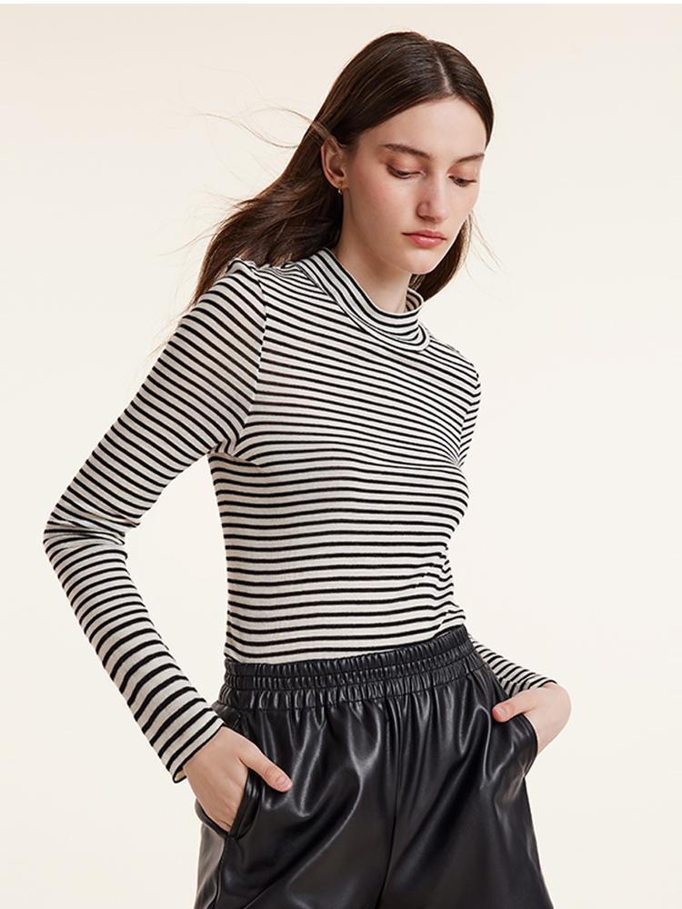 Washable Wool Striped Mock Neck Slim Sweater GOELIA