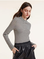 Washable Wool Striped Mock Neck Slim Sweater GOELIA