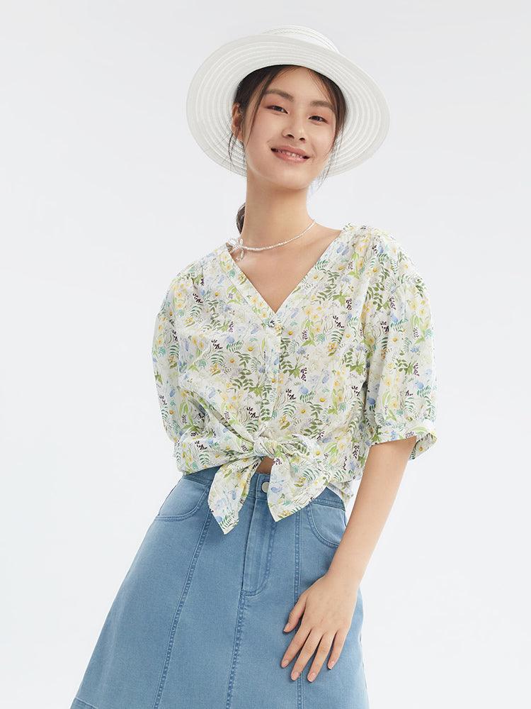 Oversized Crop V-Neck LIBERTY Printed Shirt GOELIA