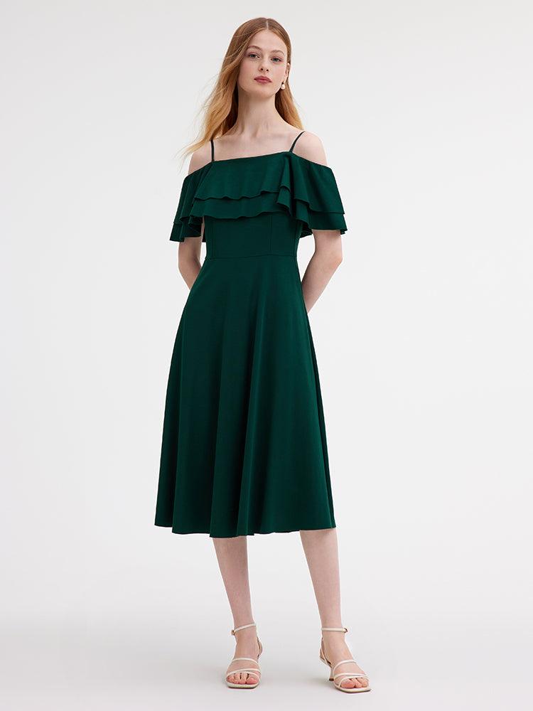 Off-Shoulder Ruffle Trim Knitted Dress GOELIA