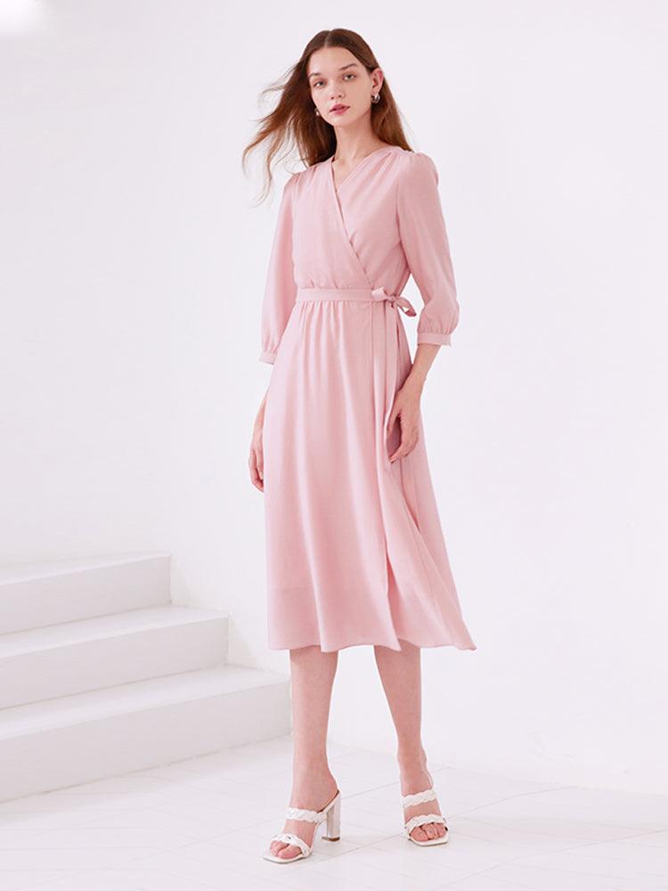 Pink V-neck Flowy Wrap Dress GOELIA