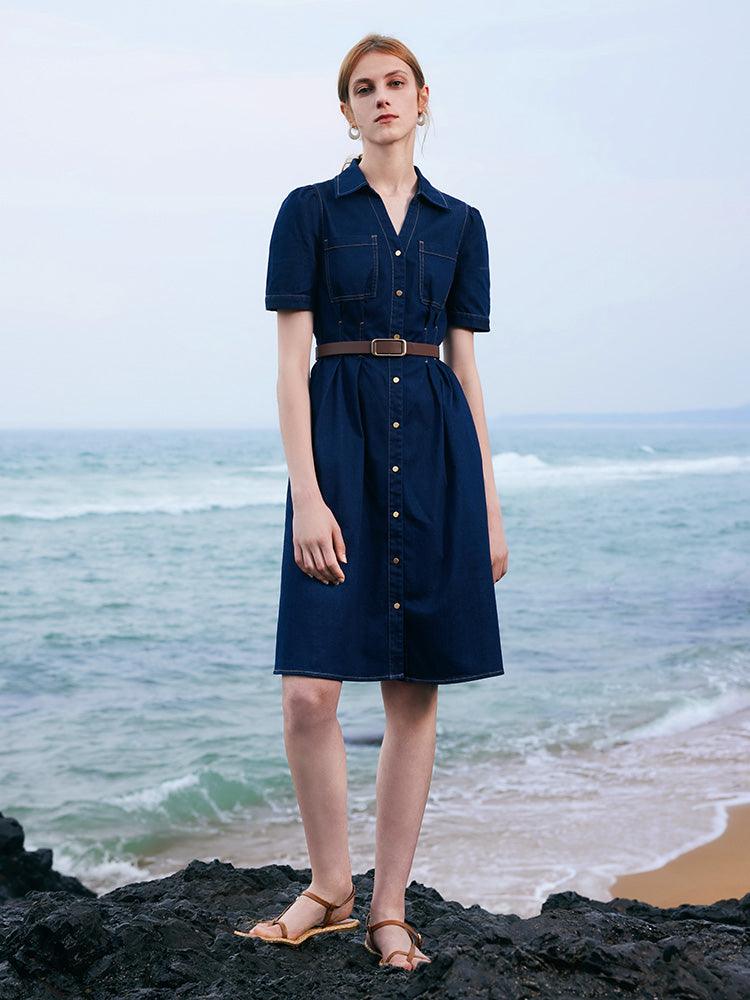 Gathered Waist Denim Dress GOELIA