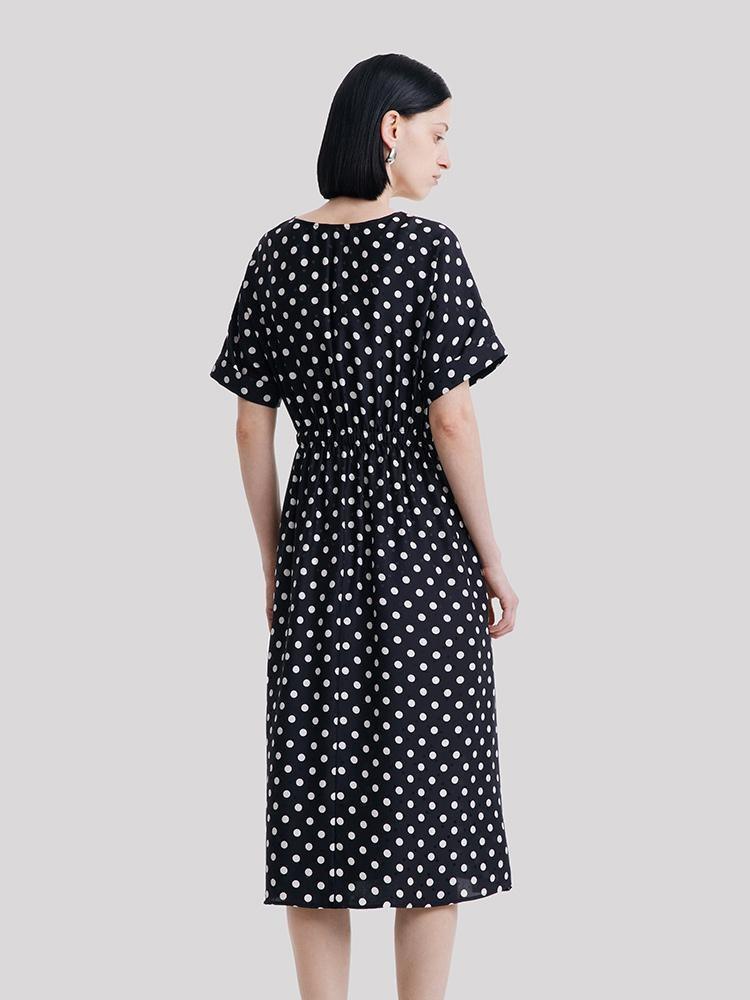 Round Neck Polka Dot Jacquard Silk Dress GOELIA