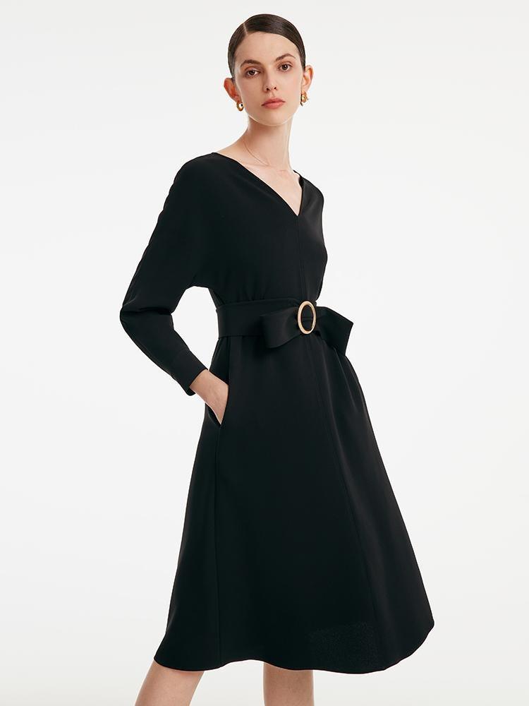 Acetate V-neck Long-sleeved Dress With Belt GOELIA